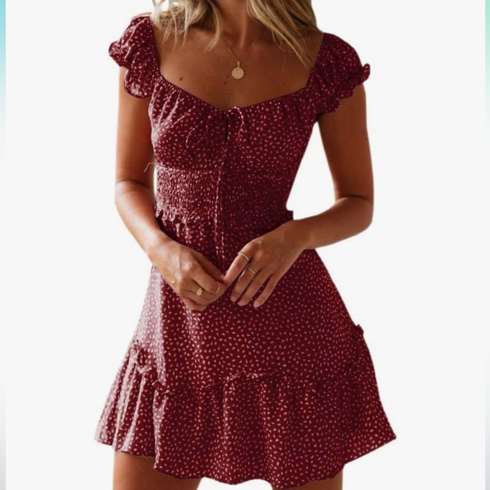 YOBECHO Ruffle Sleeve Sweetheart Neckline Printing Dress Mini Dress